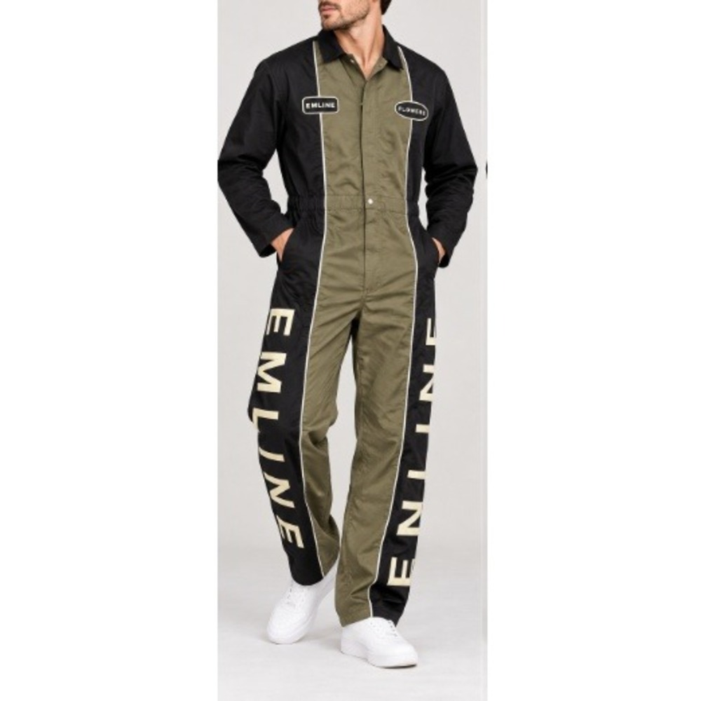 Emline Flowers Men's Olive Black Ripstop Cotton Coverall Jumpsuit Size L NWOT